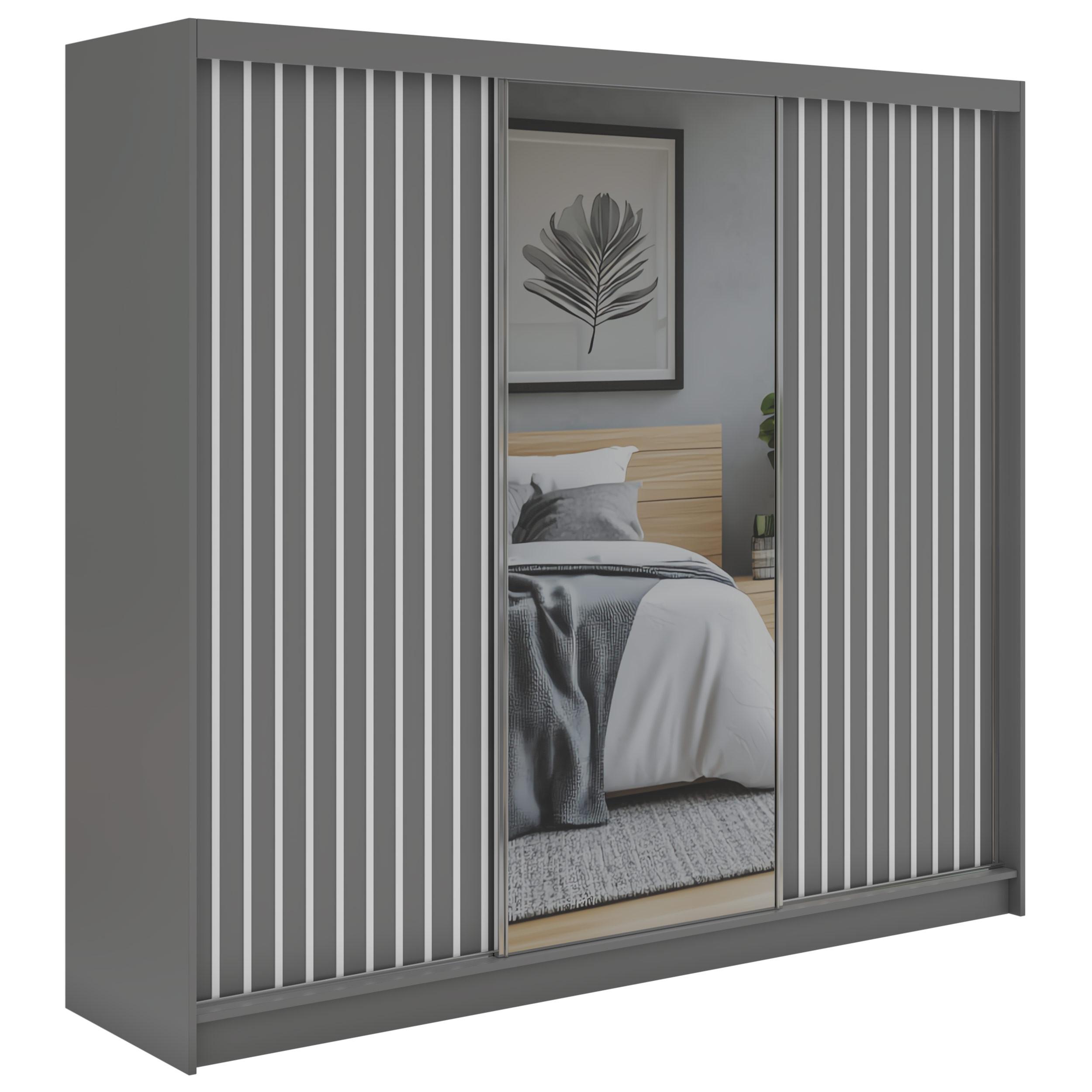 SCHWEBETÜRENSCHRANK mit Spiegel und Schubladen LAOS - 240 - Grau - Weiß Lamellen - Alufarben/Weiß, Holzwerkstoff/Metall (240/216/61cm) - MKS
