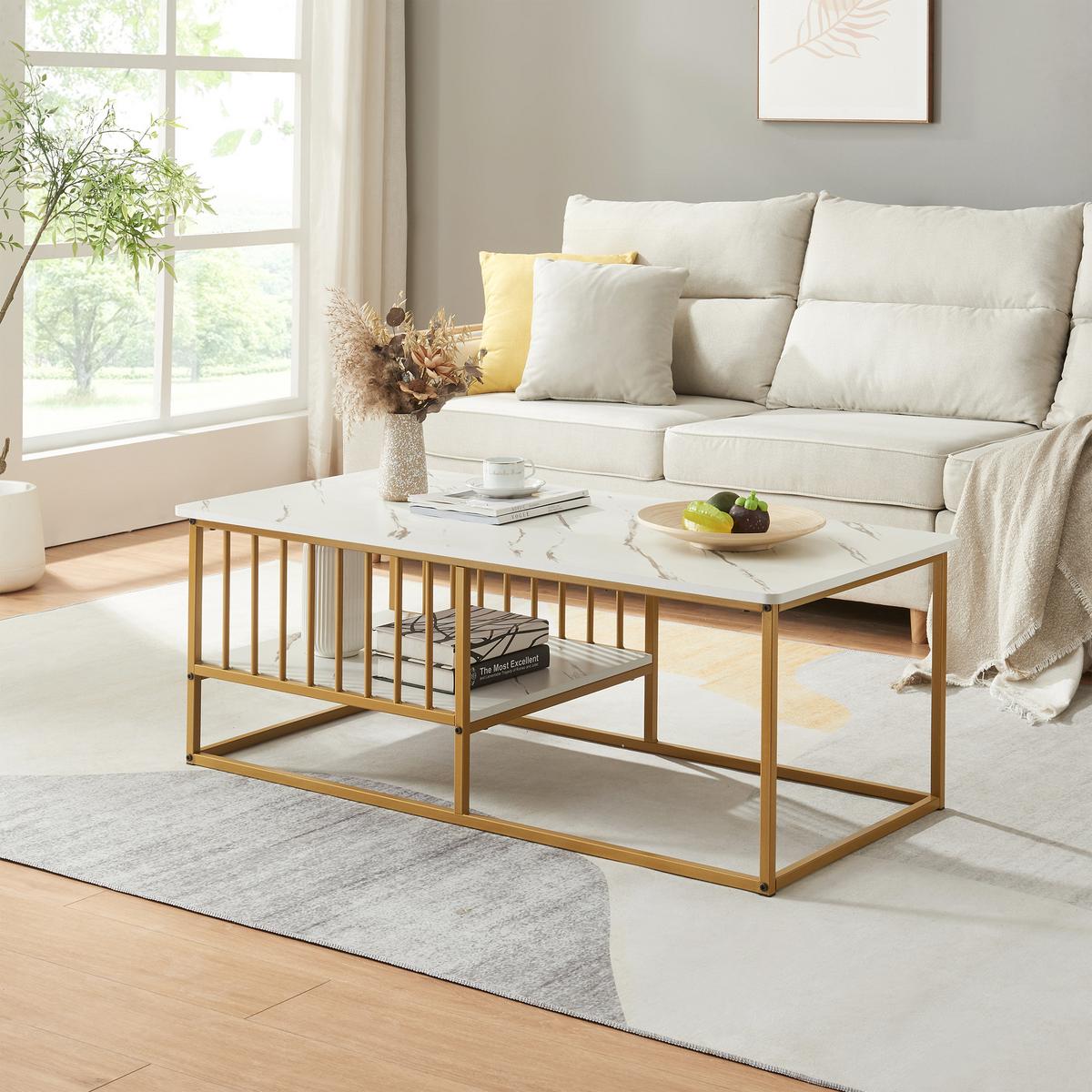 COUCHTISCH Raukurg 120/60/44 cm - Goldfarben/Weiß, Holzwerkstoff/Metall (60/120/44cm) - [en.casa]
