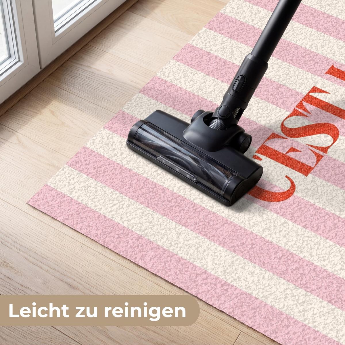FUSSMATTE Zartrosa – Rot – Streifen – C'est La Vie 120x80 cm - Rosa, Kunststoff (120/0.4cm) - MuchoWow