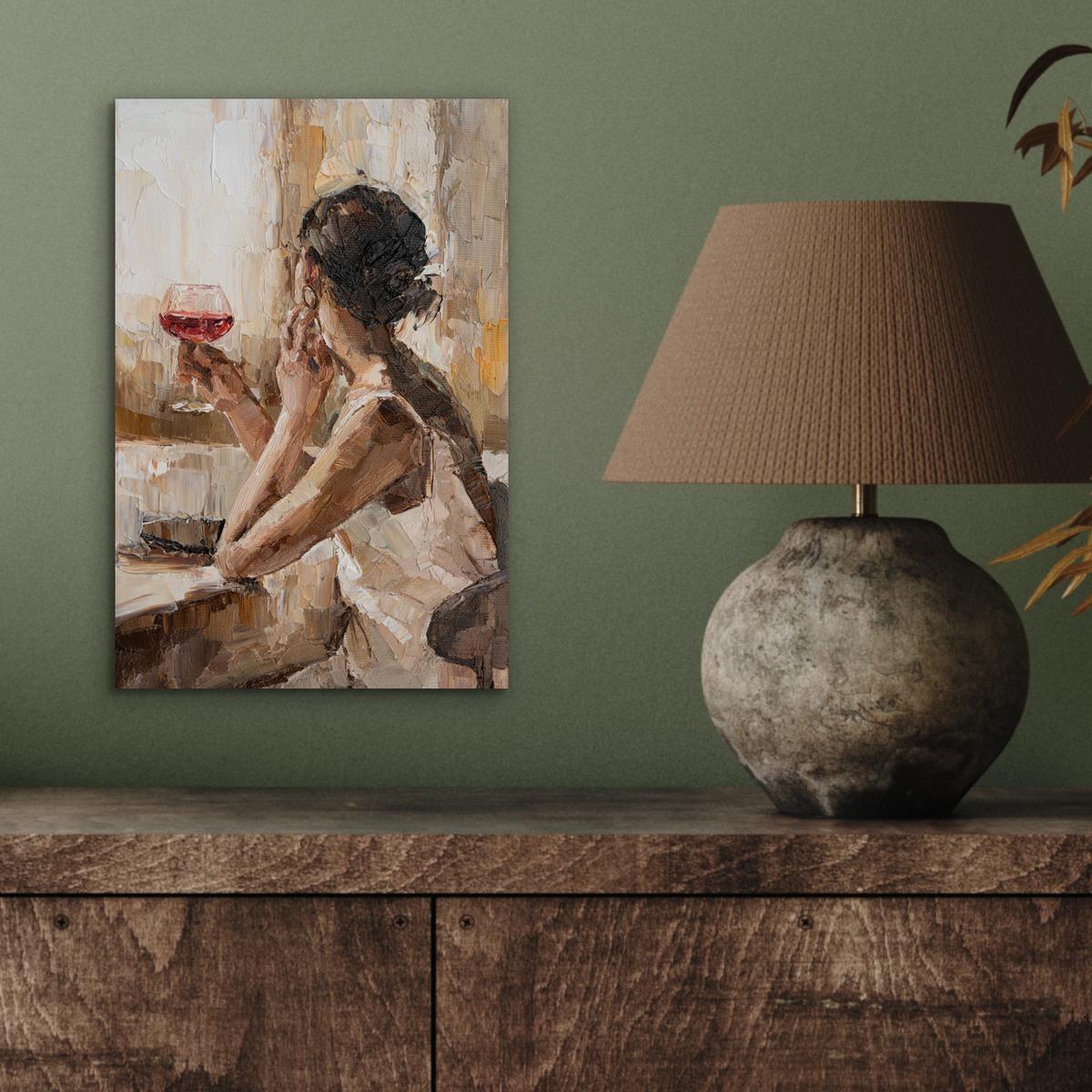 METALLBILD Ölgemälde - Frau - Wein 20x30 cm - Hellbraun, Metall (20/30cm) - MuchoWow