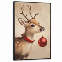 LEINWAND Bilder mit Rahmen - Weihnachten - Hirsch - Geweih - Weihnachtskugel - Rentier - 80x120 - Hellbraun, Textil (80/120cm) - MuchoWow