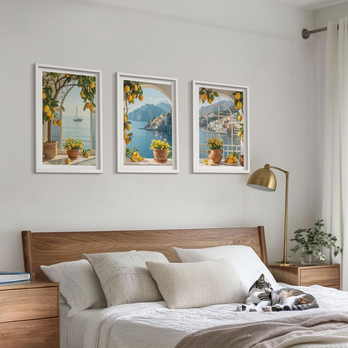BILDER SET 3er Set - 40x60 cm Weißer Rahmen - Zitronenblumen aus der Küstenstadt - Weiß, Kunststoff (40/60cm) - TULUP