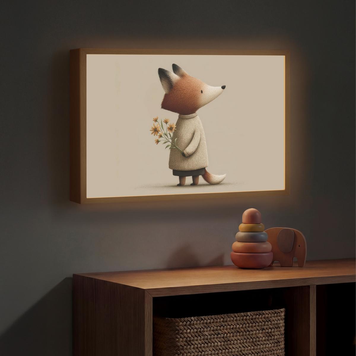 WANDLEUCHTE MIT AKKU Fuchs - Gelbe Blumen - Minimalistisch 60x40 cm - Taupe, Holzwerkstoff (60/40/8cm) - OnlyWow