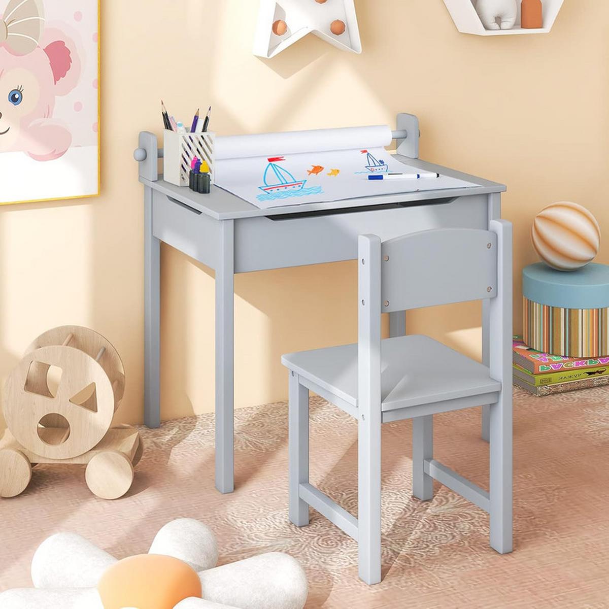 KINDERSCHREIBTISCH mit Stuhl grau(2-tlg) - Grau, Holzwerkstoff (66/58/40cm) - COSTWAY