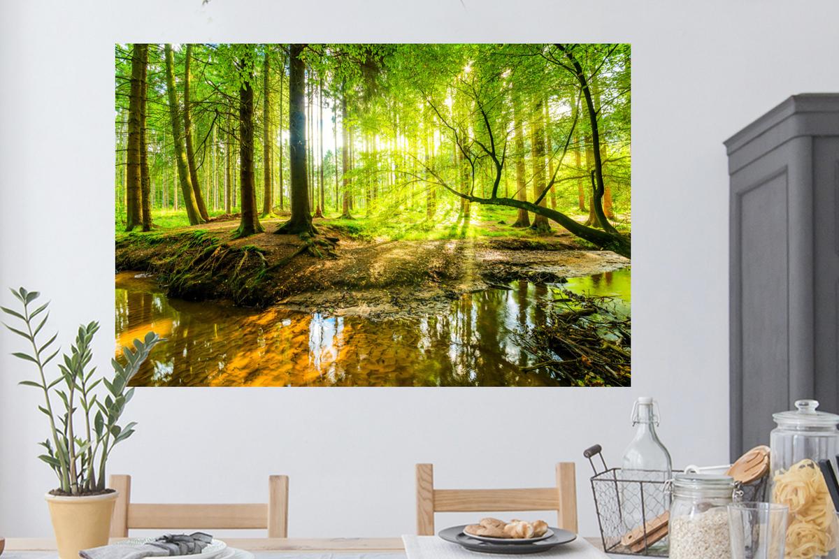 WANDTATTOO Wald - Landschaft - Wasser - Bäume - Sonne - Grün - Natur Wandsticker 120x80 cm - Grün, Kunststoff (120/80/0.1cm) - MuchoWow