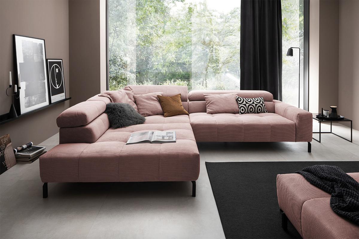 ECKSOFA MIT MOTORISCHEM SITZVORZUG OHIO Pink Cord Relaxfunktion - Schwarz/Rosa, Textil/Metall (311/219cm) - KAWOLA
