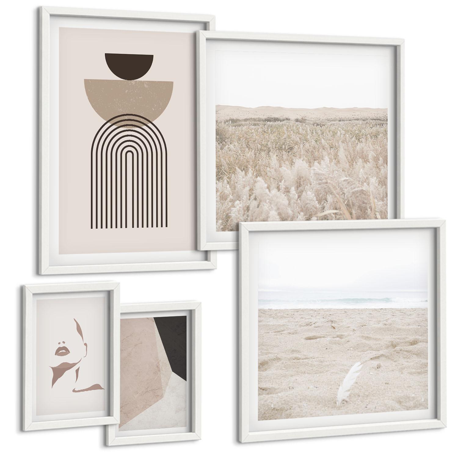 BILDER SET 5er Set - 50x50 cm & 20x30 cm & 40x60 cm Weißer Rahmen - Abstrakte weiß-braune Muster - Weiß, Kunststoff (40/60cm) - TULUP
