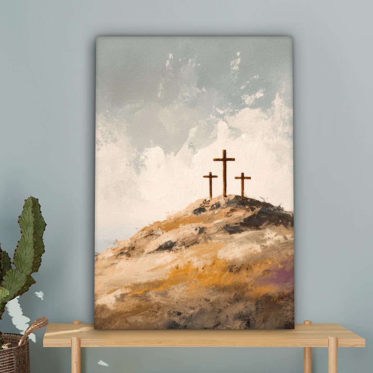 LEINWANDBILD Hügel - Abstrakt - Christentum - Kreuz Wanddeko 40x60 cm - Hellgrau, Textil (40/60cm) - MuchoWow