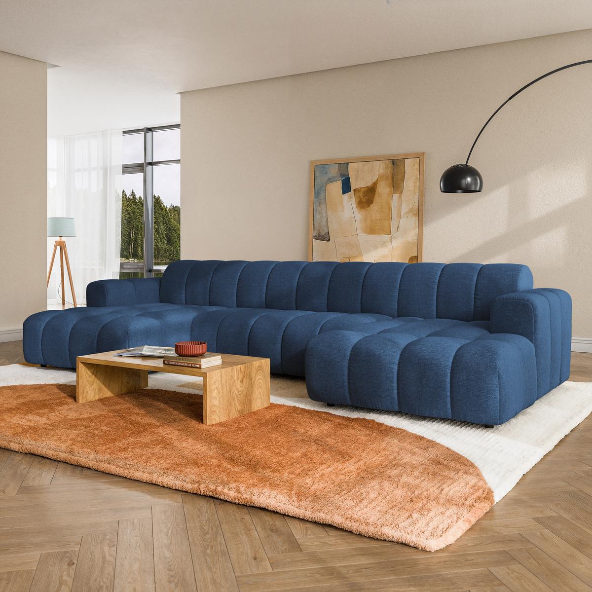 WOHNLANDSCHAFT AENIS Blau Strukturstoff - Blau, Holz (398/85/165cm) - MASSENO