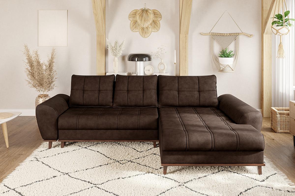 ECKSOFA im Scandi-Stil, Schlaffunktion, Bettkasten B268/T175/H86 cm, Ottomane rechts, Liegefl. 128x209 cm, Mikrofaserstoff in Vintage Braun / 21017 - Wildeiche/Eiche Bianco, Holz/Textil (268/175cm) - luma-home