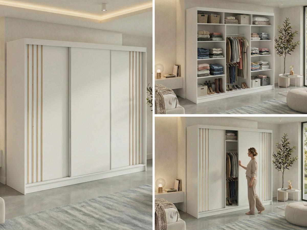 SCHWEBETÜRENSCHRANK mit Lamellen NAURU - 240 - Weiß und Eiche Artisan - Alufarben/Weiß, Holzwerkstoff/Metall (240/216/61cm) - MKS