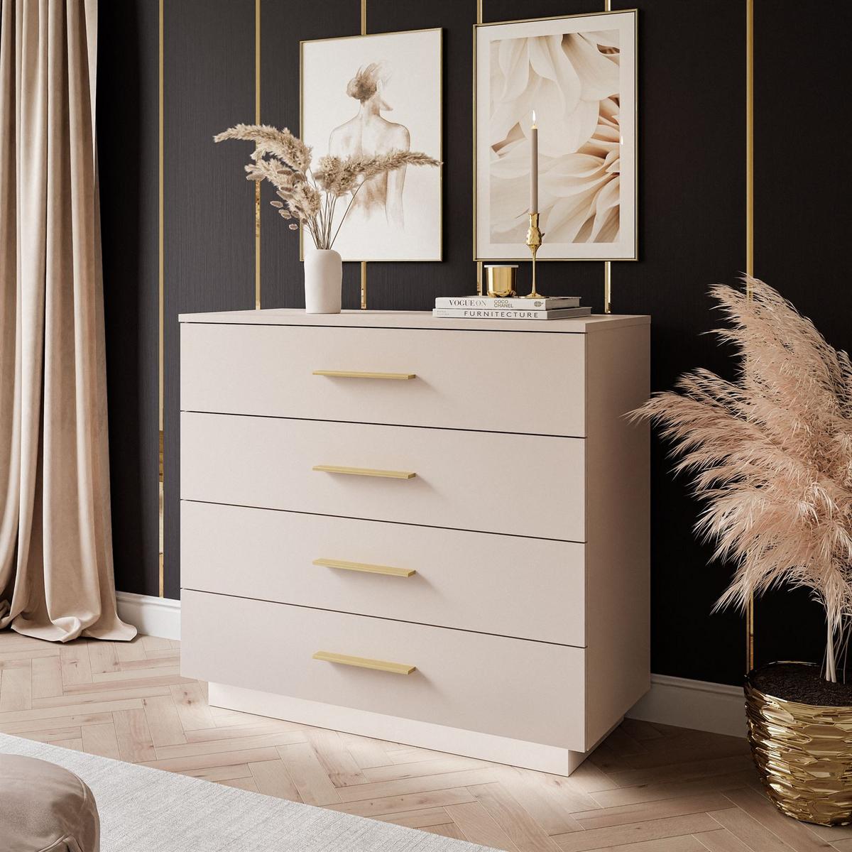 KOMMODE LINA KASCHMIR 95 cm mit LED-Beleuchtung Griffe Goldmatt - Kaschmir/Goldfarben, Holzwerkstoff (95/84/40cm) - Lookway