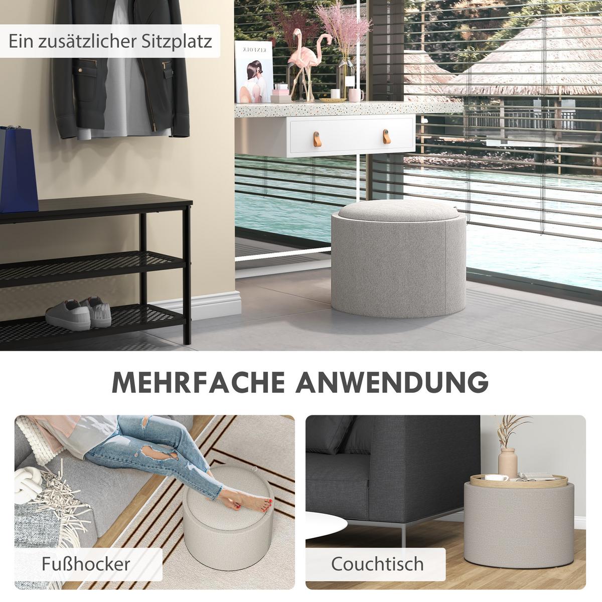 SITZHOCKER mit Stauraum, Runder Hocker mit Klappdeckel Polsterhocker Hellgrau - Hellgrau, Textil (56/42/56cm) - HOMCOM
