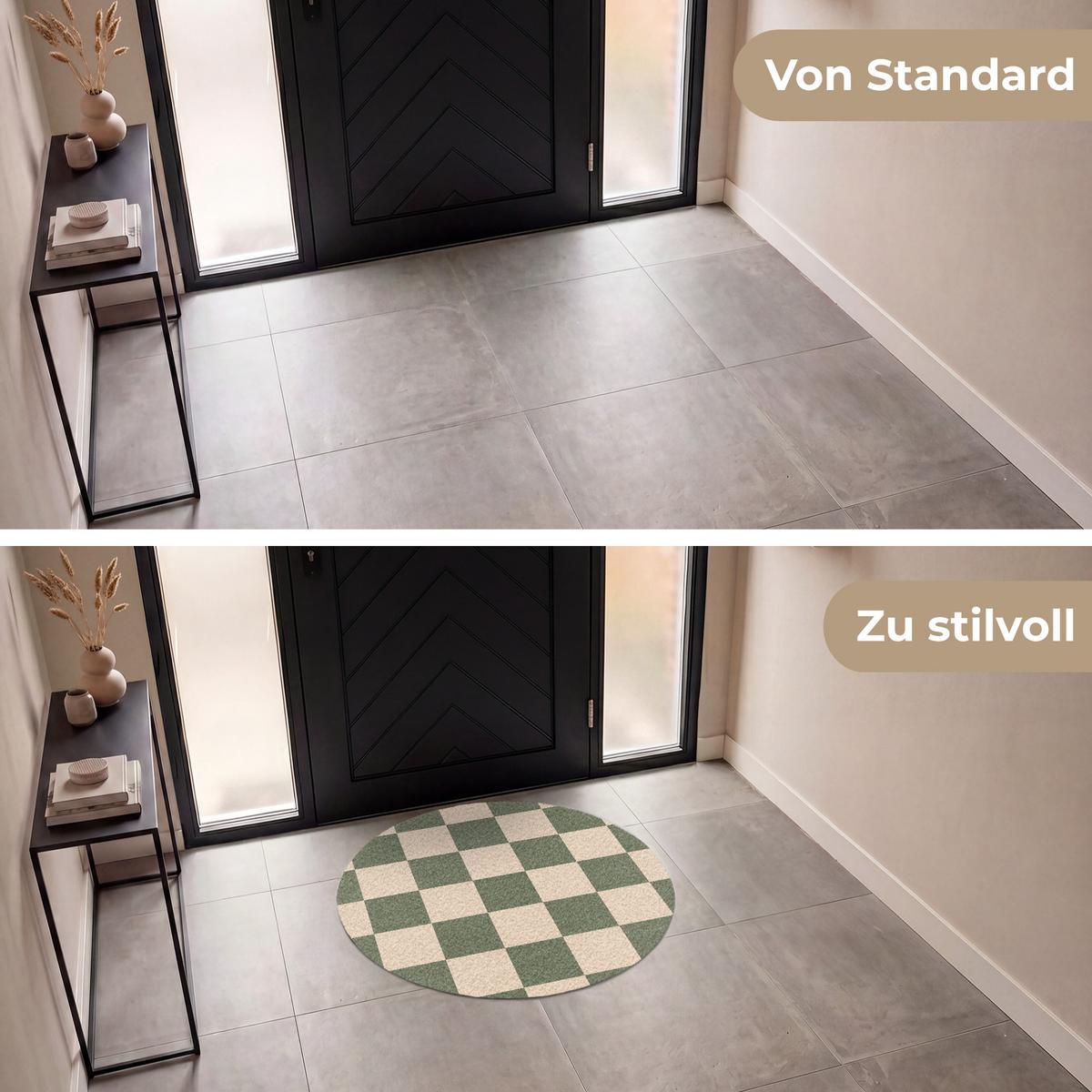 FUSSMATTE Schachbrettmuster - Grün - Beige - Blöcke Flurteppich 90x90 cm - Olivgrün, Kunststoff (90/0.4cm) - MuchoWow