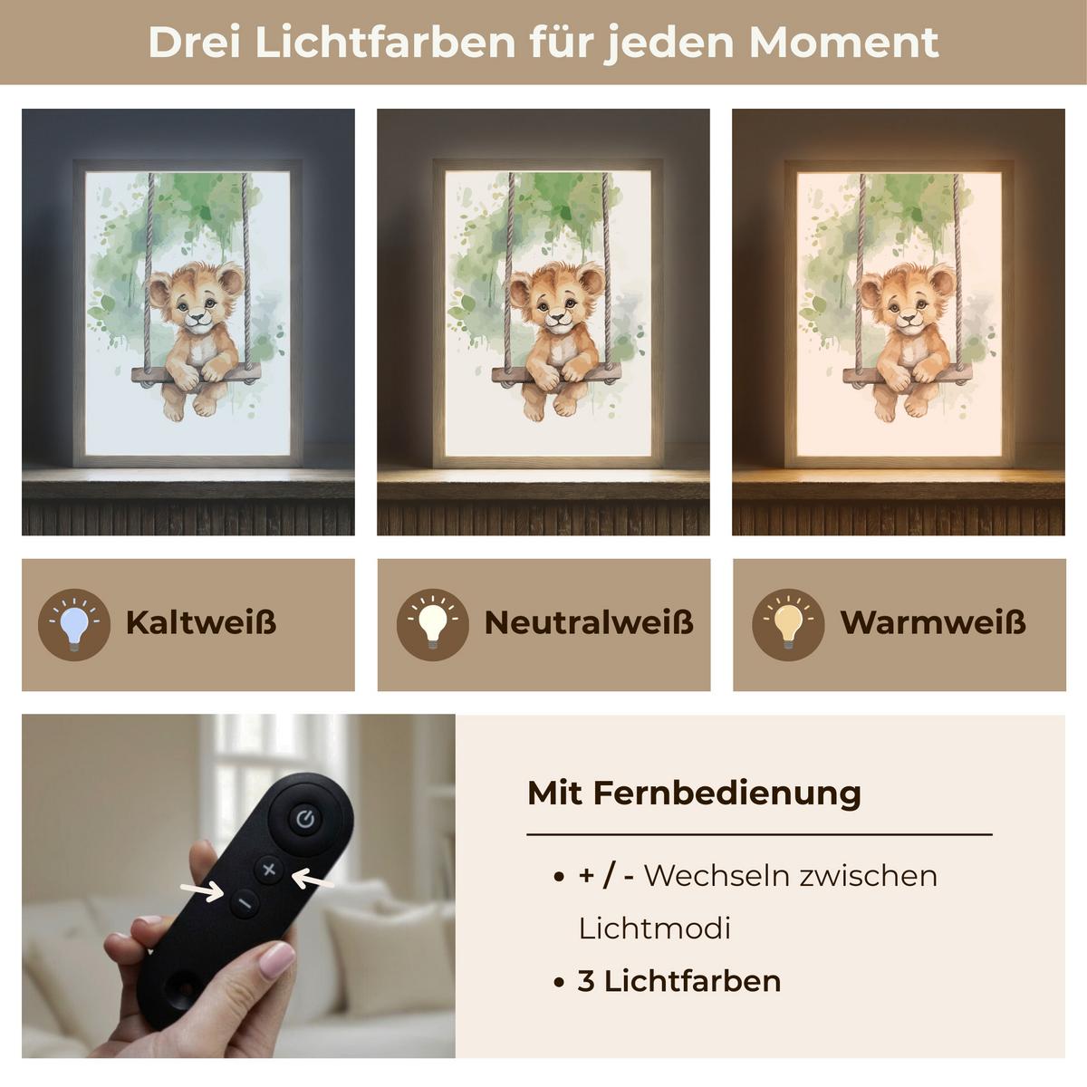 NACHTTISCHLAMPE MIT AKKU Löwe - Tier - Kinder - Dschungel 30x40 cm - Weiß, Holzwerkstoff (8/30/40cm) - OnlyWow