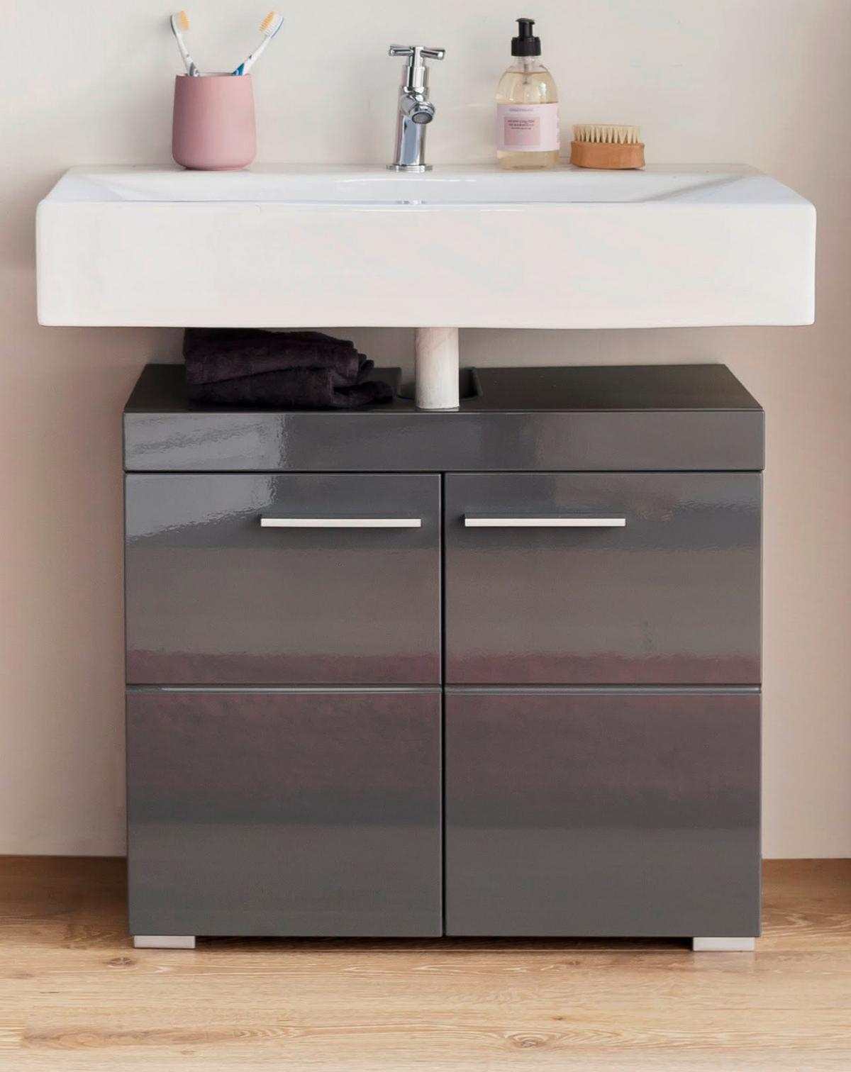 WASCHBECKENUNTERSCHRANK grau Hochglanz 60 x 56 cm, Badschrank 2-türig - Grau, Holzwerkstoff/Kunststoff (60/56/34cm) - Top.Furn