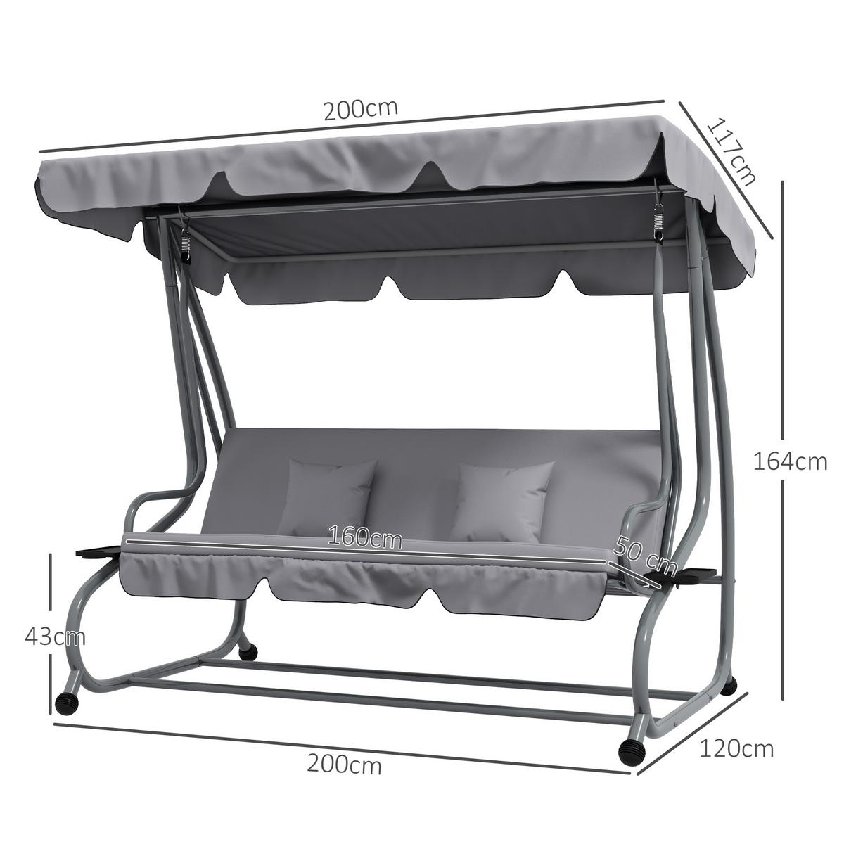 HOLLYWOODSCHAUKEL 3-Sitzer Gartenschaukel mit Verstellbarem Dach Kissen Hellgrau - Grau, Metall (120/164/200cm) - Outsunny