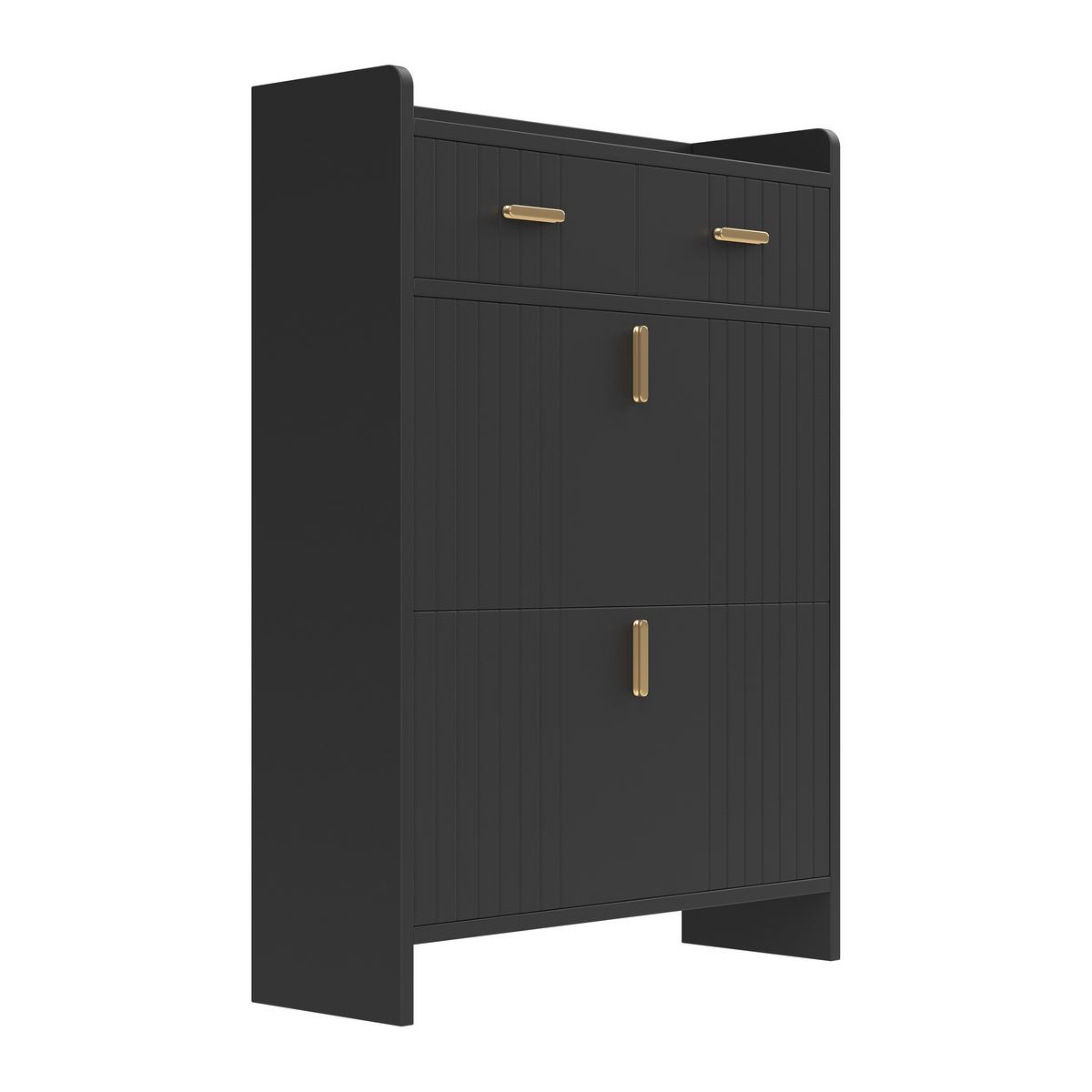 SCHUHSCHRANK Schmal mit 2 Klappfächern & Schubladen Modern - Schwarz, Holzwerkstoff (75/108.5/24cm) - Urban Meuble