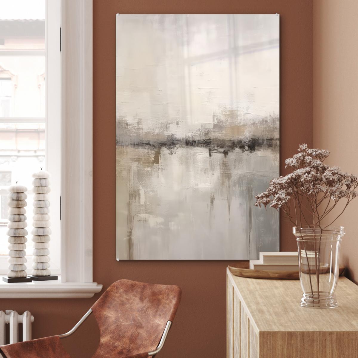 ACRYLGLASBILD Moderne Kunst - Abstrakt - Beige 80x120 cm - Beige, Glas (80/120cm) - MuchoWow