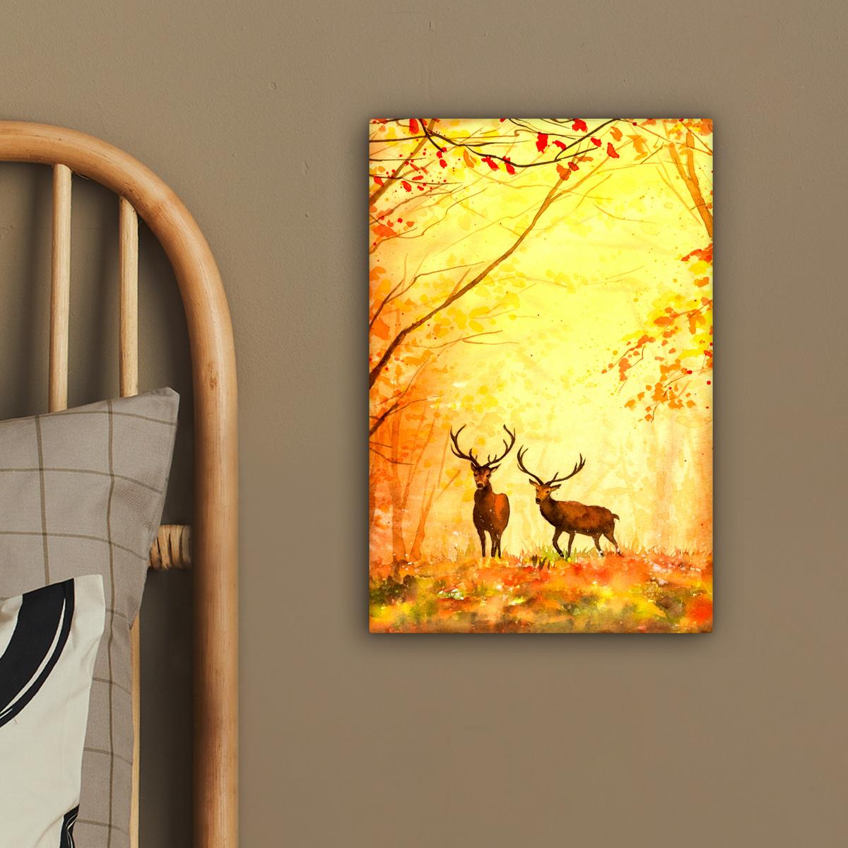 LEINWANDBILD Natur - Ölfarbe - Hirsche - Tiere - Herbst - Orange Deko Wohnzimmer 20x30 cm - Orange, Textil (20/30cm) - MuchoWow