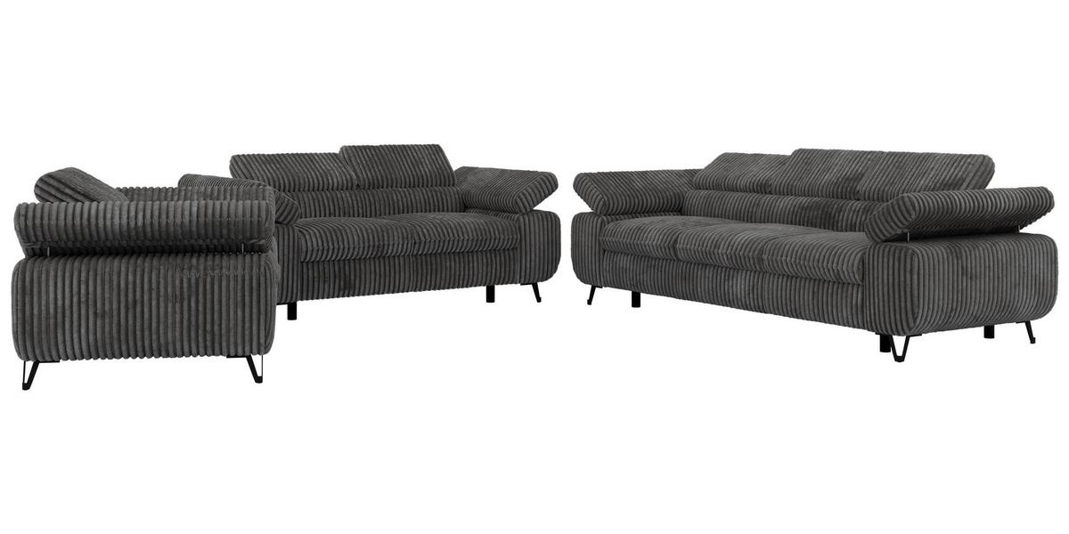 SITZGARNITUR PETER 1+2+3 - Grau Cord - Schwarz/Grau, Textil/Metall (262/76/99cm) - MKS