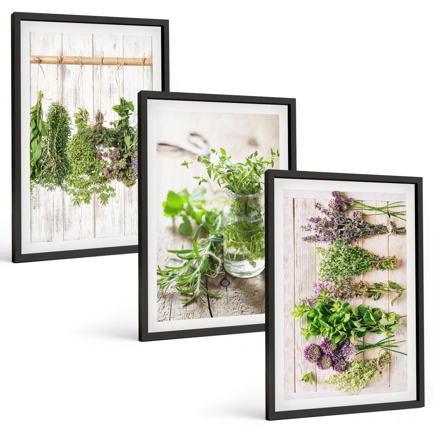 BILDER SET 3er Set - 40x60 cm Schwarzer Rahmen - Kräuterpflanzen für die Küche - Schwarz, Kunststoff (40/60cm) - TULUP