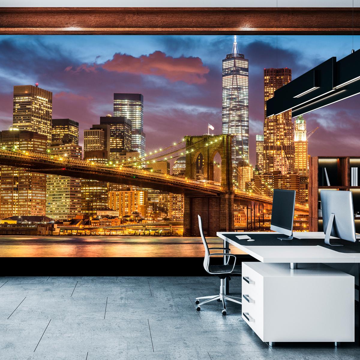 FOTOTAPETE für Wohnzimmer New York Nacht Brooklyn Bridge Wolkenkratzer 200x140 - Blau/Gelb, Papier (200/140cm) - Muralo