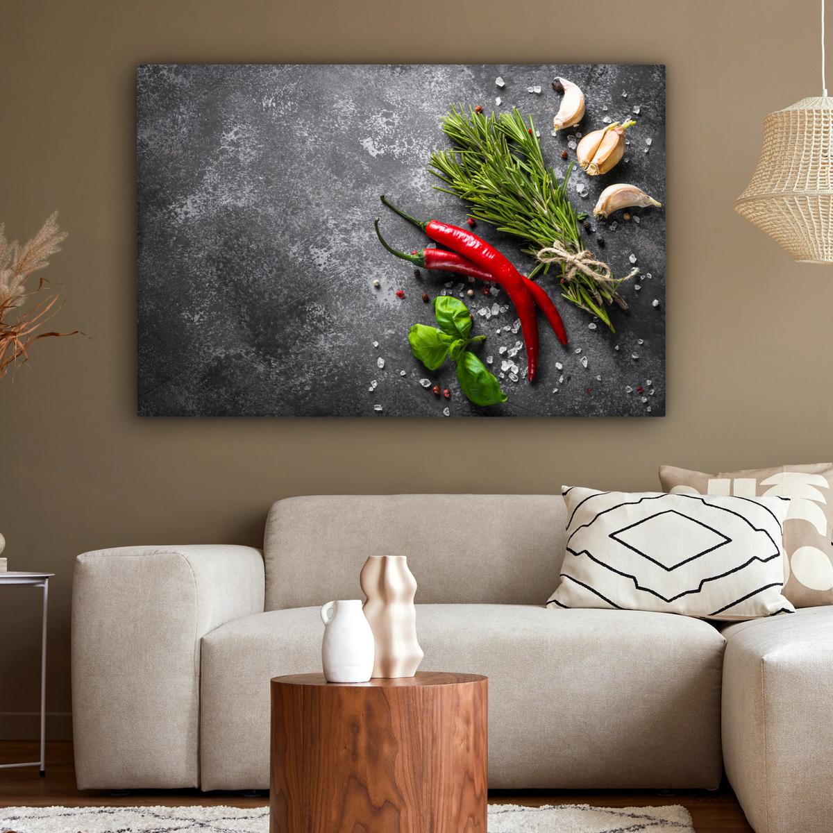 LEINWANDBILD Pfeffer - Kräuter - Gewürze - Beton Wohnzimmer Groß 120x80 cm - Dunkelgrau, Textil (120/80cm) - MuchoWow