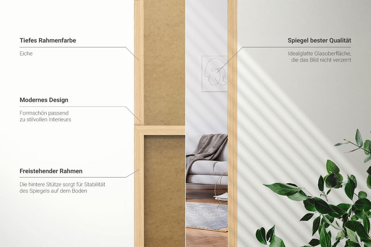 STANDSPIEGEL 156x36 cm – Eichenrahmen - Transparent, Glas (156/36/0.4cm) - TULUP