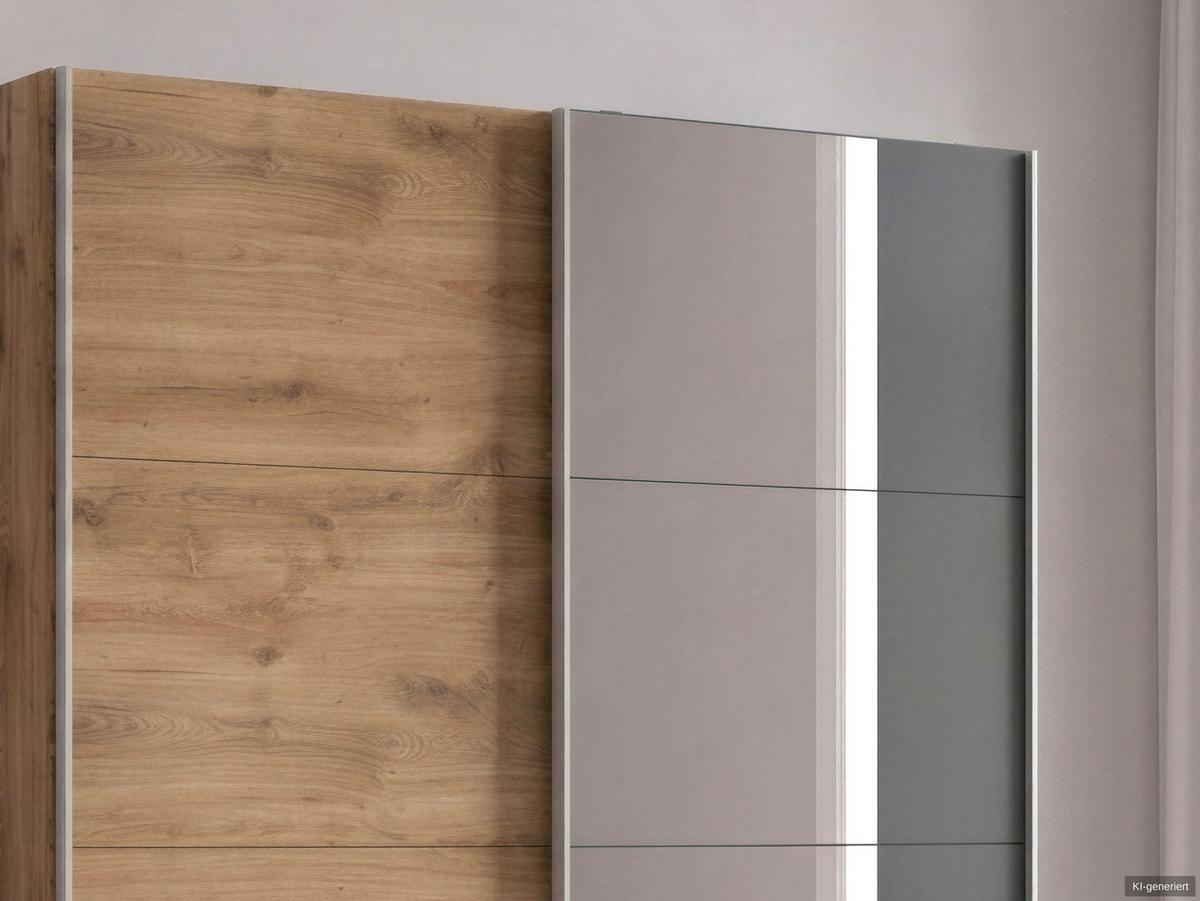 SCHWEBETÜRENSCHRANK 2-türig B135/H198/T65 cm, Kleiderschrank in Eiche Dekor mit Spiegel, 1x Tür & sichtbare Schubkästen in Grafit / 22678 - Eichefarben/Graphitfarben, Holz/Holzwerkstoff (135/198/65cm) - luma-home