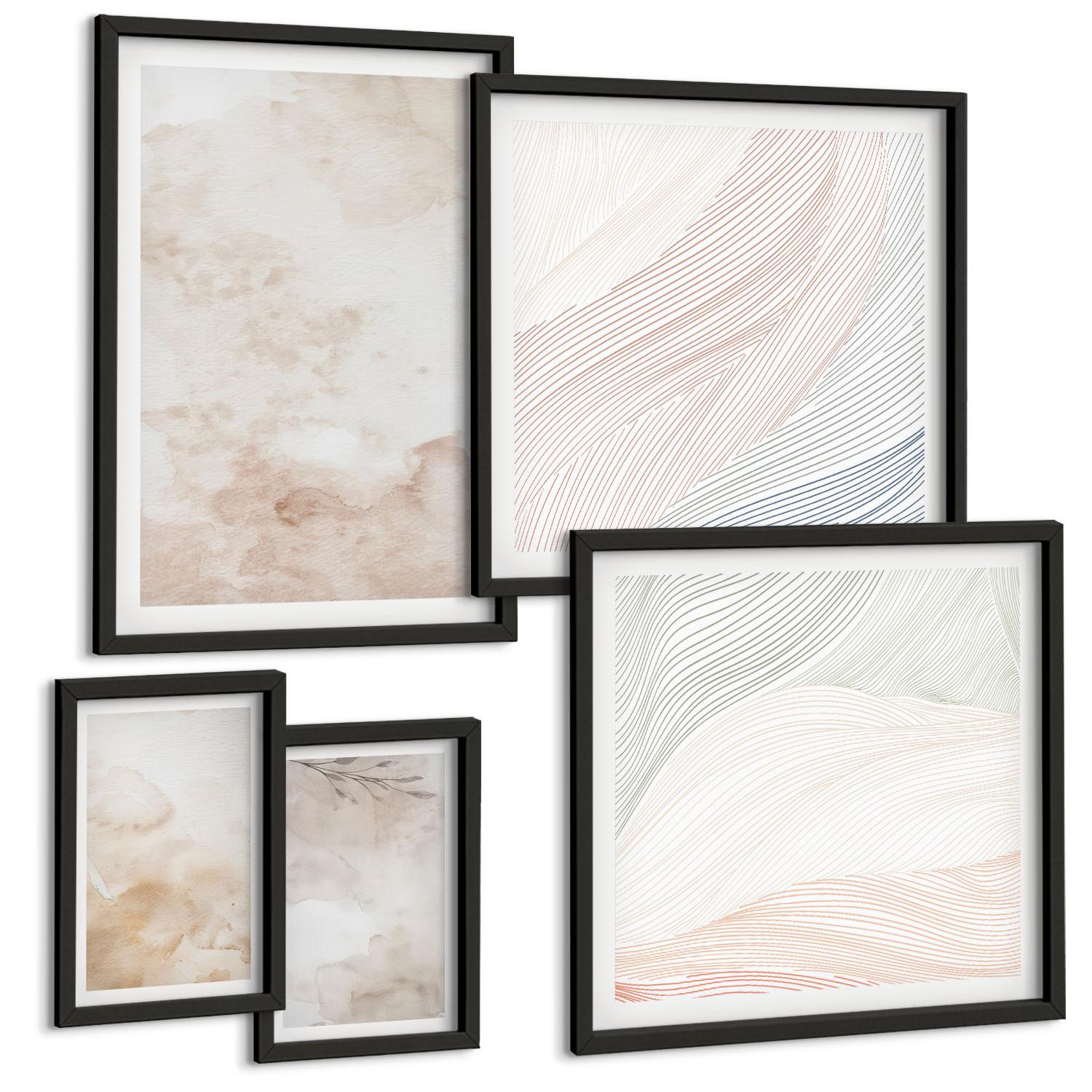 BILDER SET 5er Set - 50x50 cm & 20x30 cm & 40x60 cm Schwarzer Rahmen - Aquarellblätter in Pastellfarben - Schwarz, Kunststoff (40/60cm) - TULUP