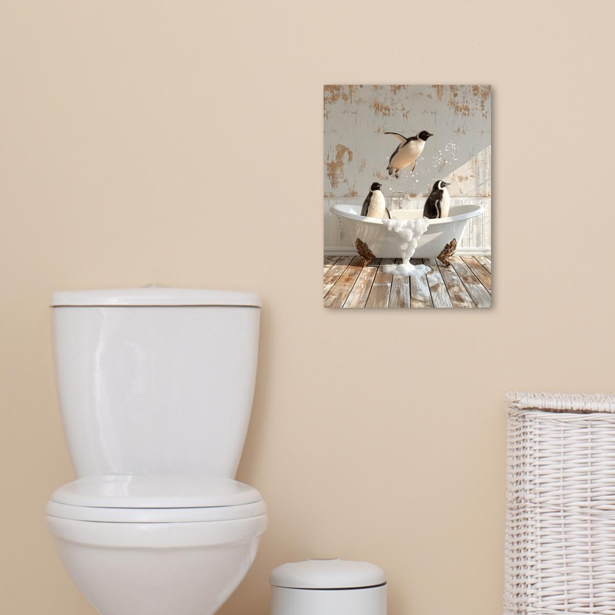 LEINWANDBILD Vintage - Pinguin - Badewanne - Schaumstoff Room Decor 30x40 cm - Schwarz, Textil (30/40cm) - MuchoWow