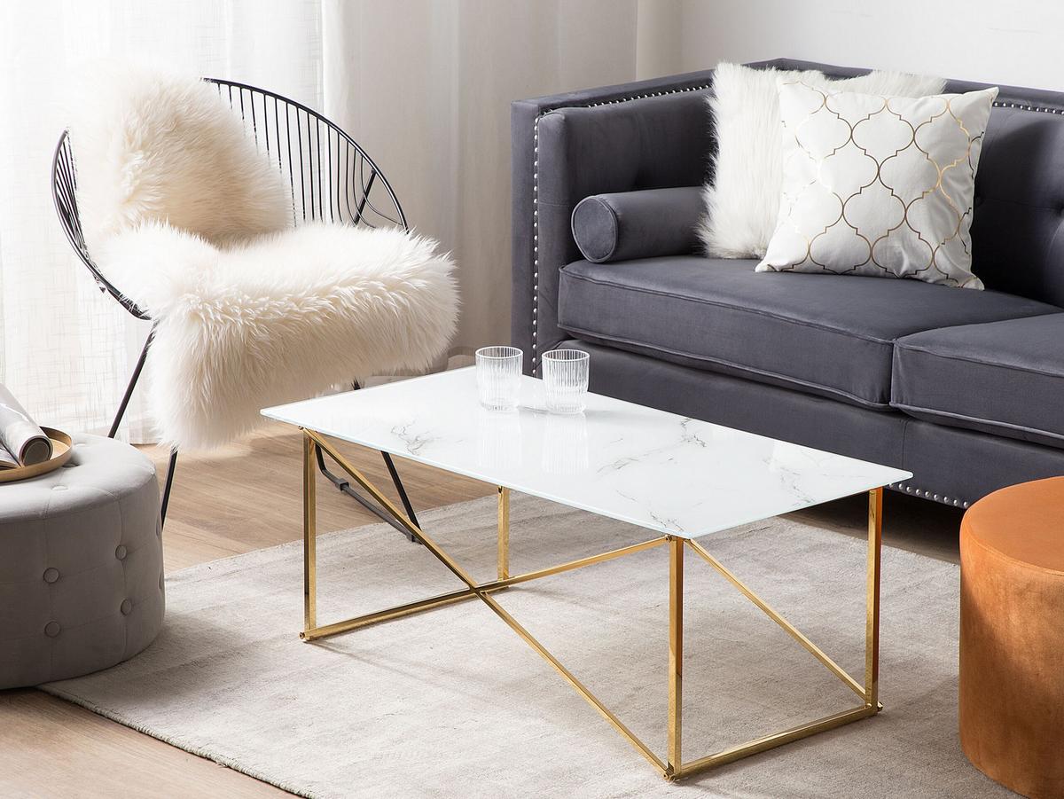 COUCHTISCH Marmor Optik weiß/gold rechteckig 100/50 cm Emporia - Goldfarben/Weiß, Glas (50/100/40cm) - Beliani