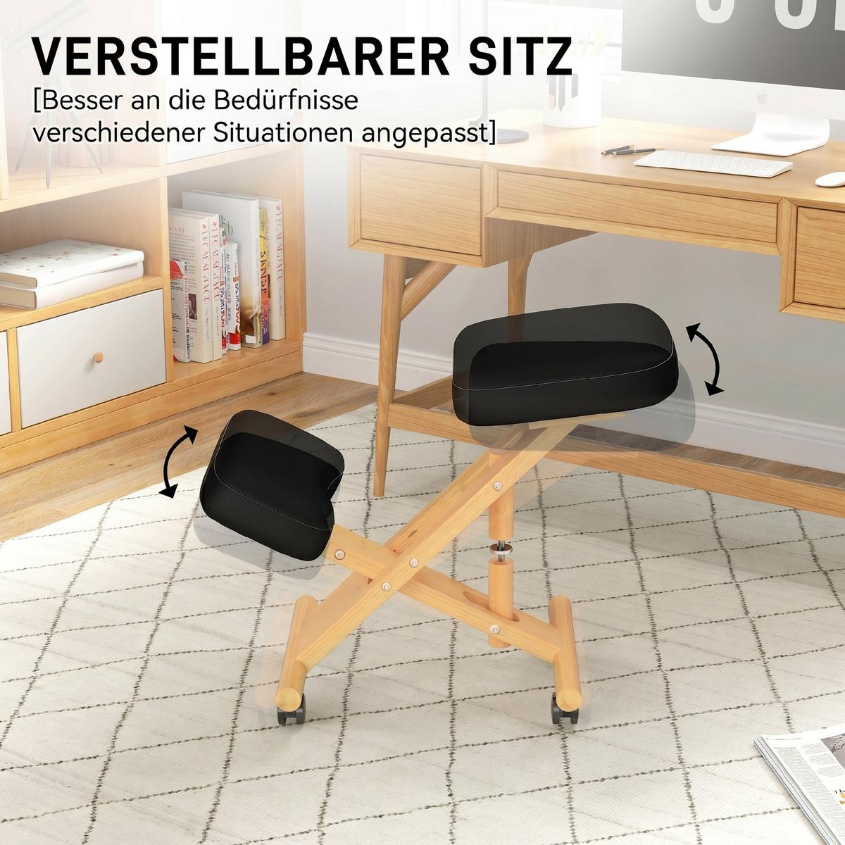 KNIESTUHL Kunstleder Gummibaumholz Schwarz - Schwarz, Holz (42/47/70cm) - HOMCOM