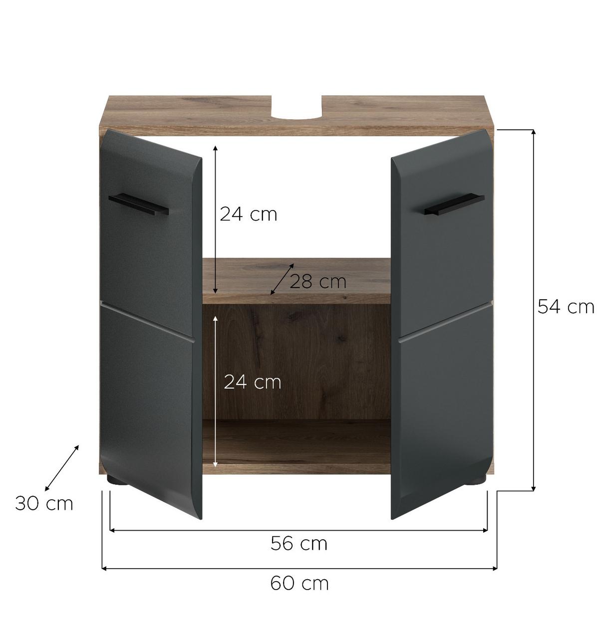WASCHBECKENUNTERSCHRANK schwarz matt, Eiche Nox, Waschtisch Badschrank 60 cm - Eichefarben/Schwarz, Holzwerkstoff/Kunststoff (60/54/30cm) - Inn.Furn