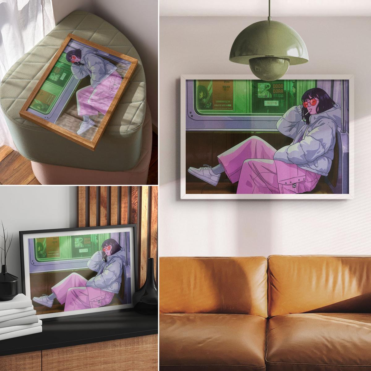 POSTER - 59x42 cm (A2) - Patryk Michalski - Mädchen in der U-Bahn - Violett, Textil (59.4/42/0.1cm) - TULUP