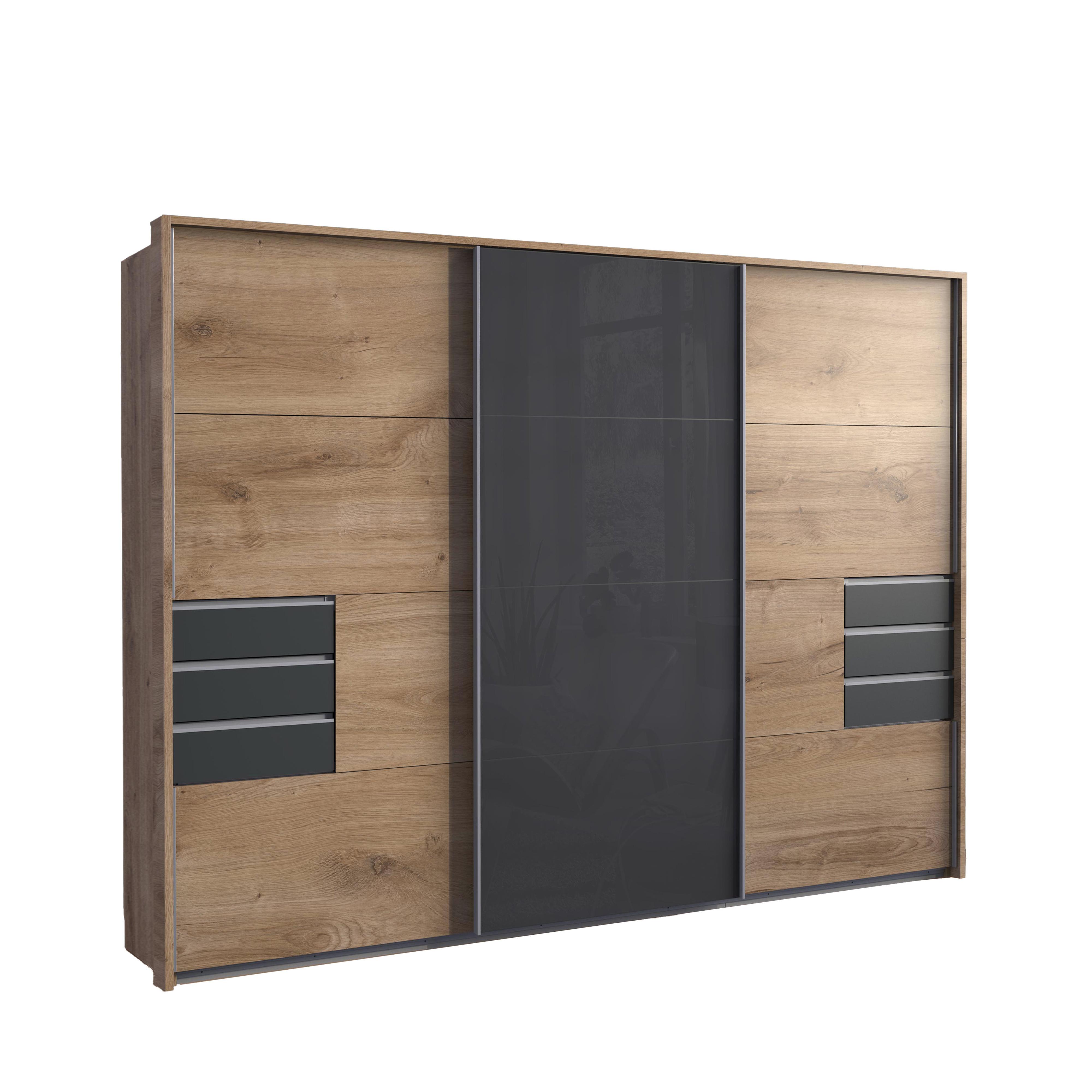 SCHWEBETÜRENSCHRANK 3-türig B273/H213/T64 cm, Eiche Dekor/Glas Grau, Passepartout-Kleiderschrank mit Schubladen in Grafit & Vollausstattung / 22617 - Eichefarben/Alufarben, Holzwerkstoff/Metall (273/213/64cm) - luma-home