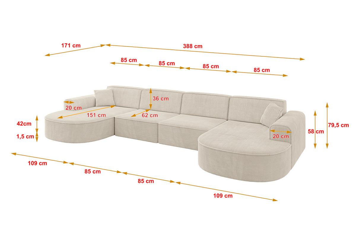 WOHNLANDSCHAFT MARI-U2 - 388x171x79 cm Beige Cord - Beige/Schwarz, Holzwerkstoff/Kunststoff (388/79/171cm) - ALTDECOR