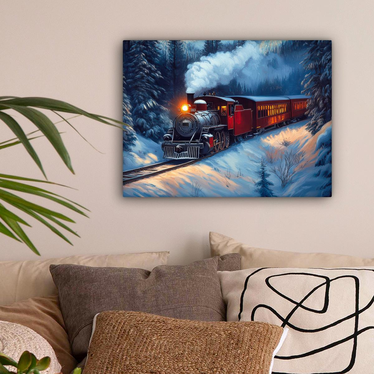 LEINWANDBILD Zug - Weihnachten - Schnee - Weihnachtszug Wandbild 40x30 cm - Anthrazit, Textil (40/30cm) - MuchoWow