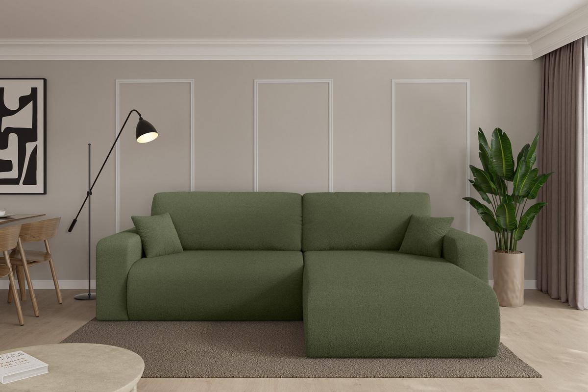 ECKSOFA mit Schlaffunktion Ottomane Rechts BERY-L 276x193x88 Grün Bouclé - Schwarz/Olivgrün, Holzwerkstoff/Kunststoff (276/193cm) - ALTDECOR