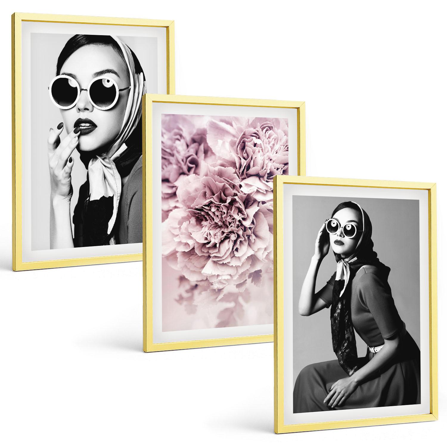 BILDER SET 3er Set - 40x60 cm Goldrahmen - Stilvolle Porträts von Frauen mit Blumen - Goldfarben, Kunststoff (40/60cm) - TULUP