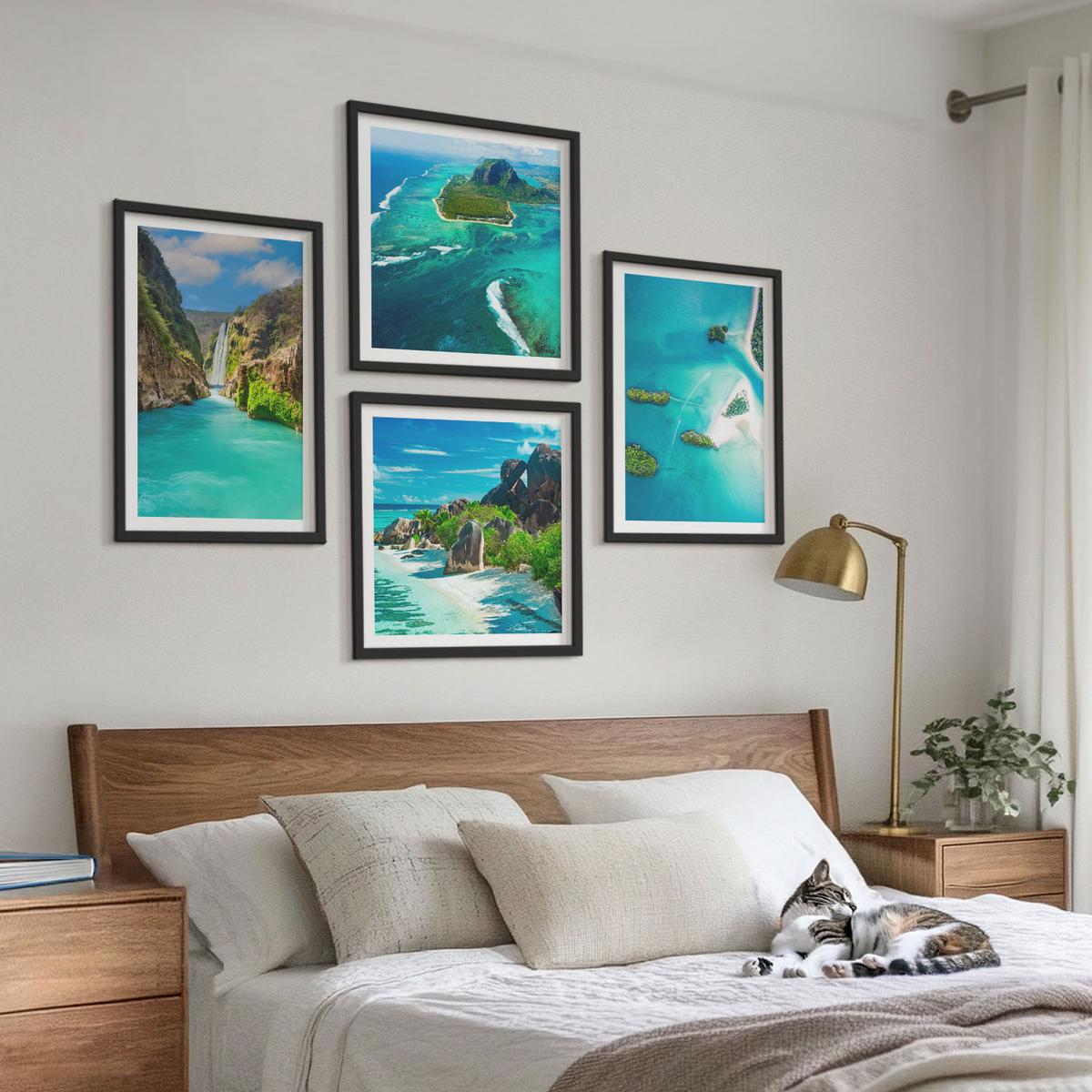 BILDER SET 4er Set - 50x50 cm & 40x60 cm Schwarzer Rahmen - Tropische türkisfarbene Inseln - Schwarz, Kunststoff (50/50cm) - TULUP