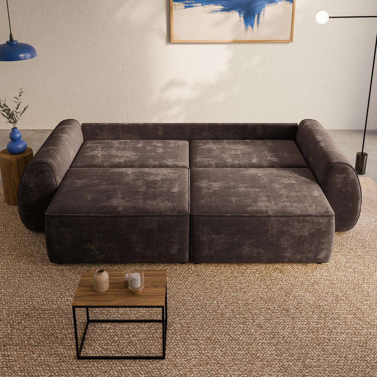 BETTSOFA ZEFEO Braun Chenille-Stoff mit Schlaffunktion - Braun, Textil (264/96/106cm) - MASSENO