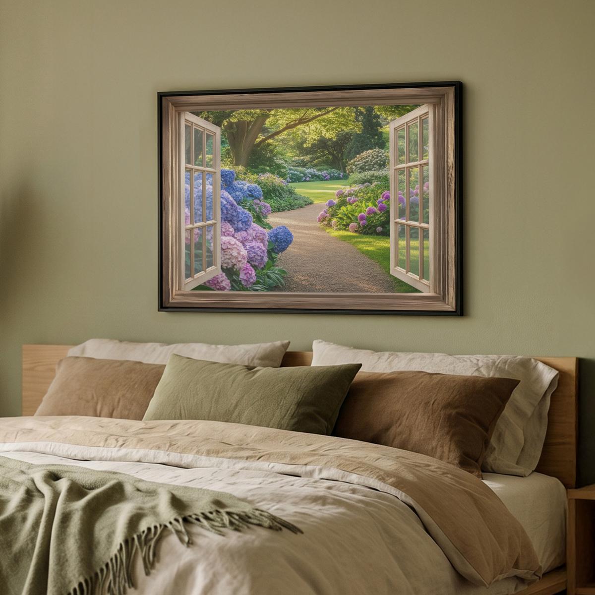 LEINWAND Bilder mit Rahmen - Aussicht - Garten - Fenster - Hortensie - Blumen - 80x60 - Pastellblau, Textil (80/60cm) - MuchoWow