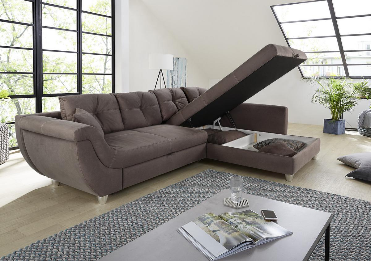 ECKSOFA mit Schlaffunktion und großem Bettkasten, seitenverkehrt montierbar B330/T207/H90 cm, Liegefl. 153x270 cm, Mikrofaser Braun / 15231 - Chromfarben/Braun, Kunststoff/Textil (330/207cm) - luma-home