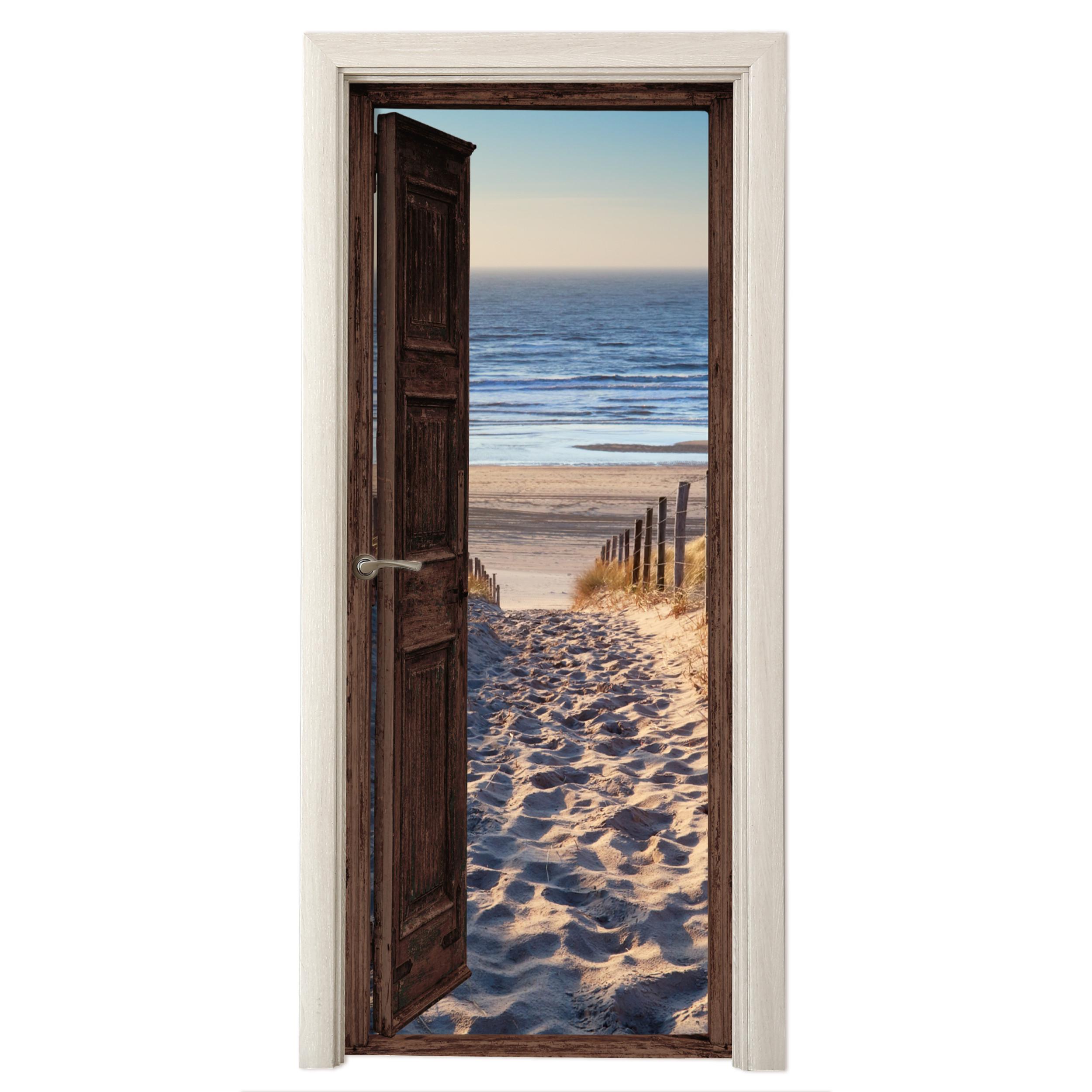 TÜRAUFKLEBER Durchblick - Strand - Meer - Weg - Dünen Room Decor 85x205 cm - Türtapete - Sandfarben, Kunststoff (85/0.1cm) - MuchoWow