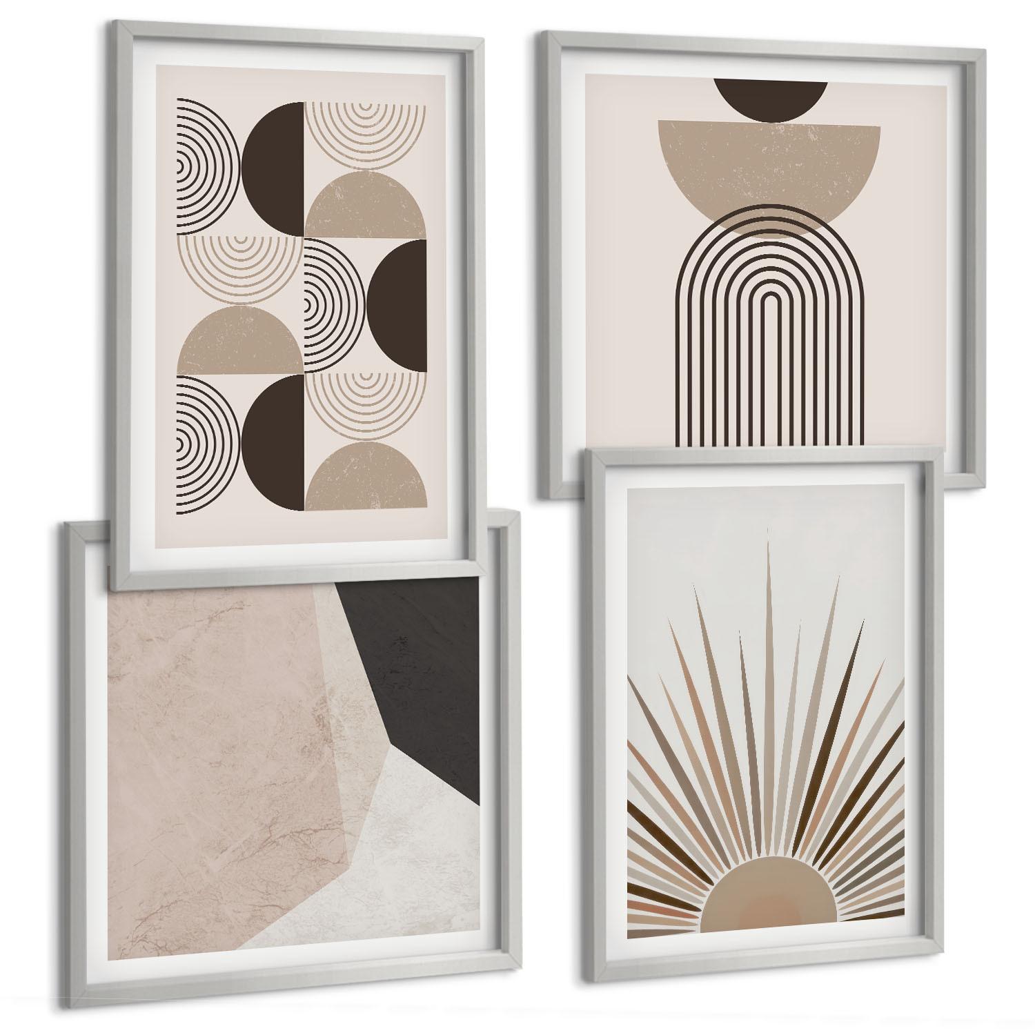 BILDER SET 4er Set - 50x50 cm & 40x60 cm Silberner Rahmen - Abstrakte beige und braune Formen - Silberfarben, Kunststoff (50/50cm) - TULUP