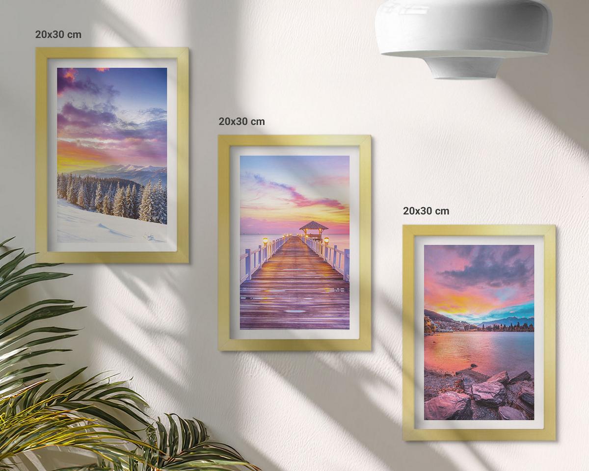 BILDER SET 3er Set - 20x30 cm Goldrahmen - Winterliche Bergseelandschaft - Goldfarben, Kunststoff (20/30cm) - TULUP