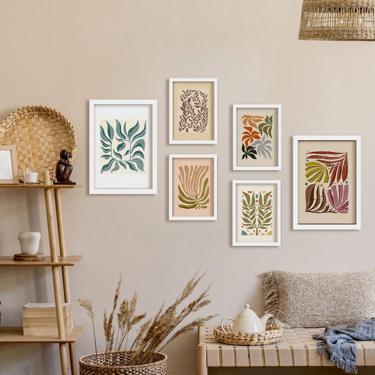 POSTER Set Mit 6 Drucken Von Blättern In Der Sammlung Ethnischer Ästhetische Dekorative Rahmen Für Ihr Zuhause Wandkunstdruck A3 & A4 Weißer Rahmen - Weiß, Papier (29/3cm) - Nacnic