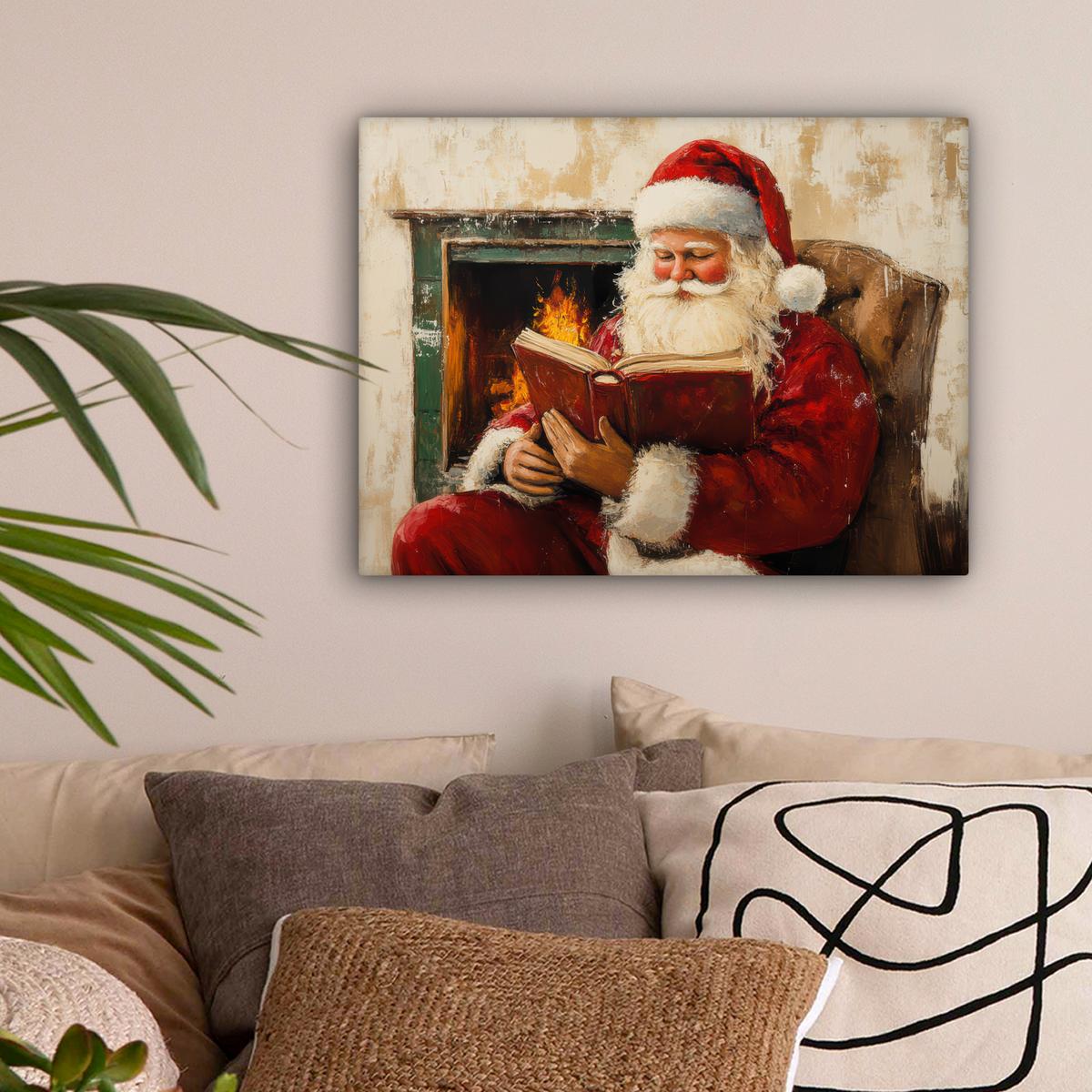 LEINWANDBILD Weihnachten - Weihnachtsmann - Winter - Open Fireside Wandbild 40x30 cm - Dunkelrot, Textil (40/30cm) - MuchoWow
